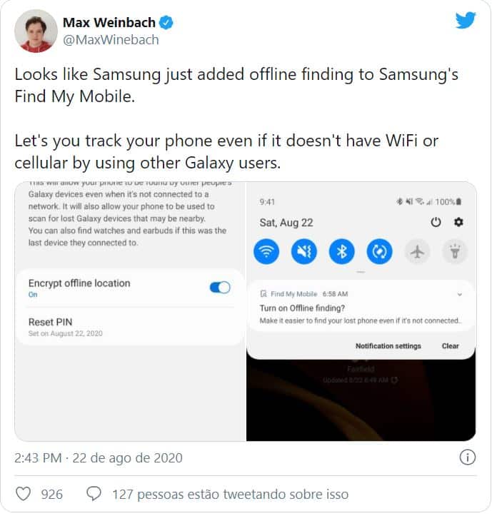 tweet Samsung vai permitir localização de telemóvel mesmo que esteja 'offline'